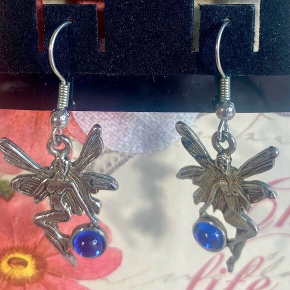 Silver Fairy Earrings with Blue Beaded Accents Dangle Style Whimsical Jewelry - Picture 1 of 4